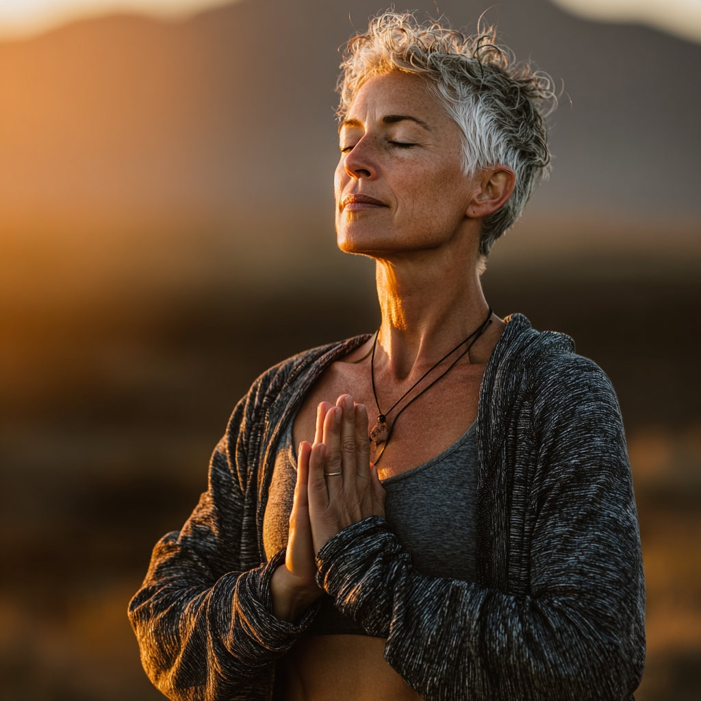 Mature woman in her 40s performing yoga pose outdoors with confident and peaceful expression, demonstrating strength and flexibility in natural environment, representing wellness and vitality for middle-aged adults