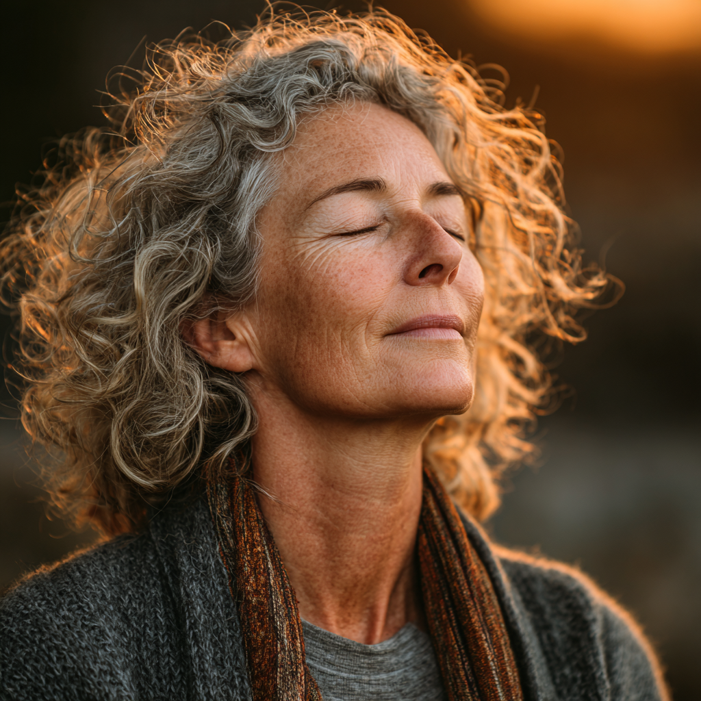 Serene middle-aged woman with peaceful expression practicing mindful breathing in natural outdoor setting, representing inner calm and wellness journey for adults between 40-55 years old